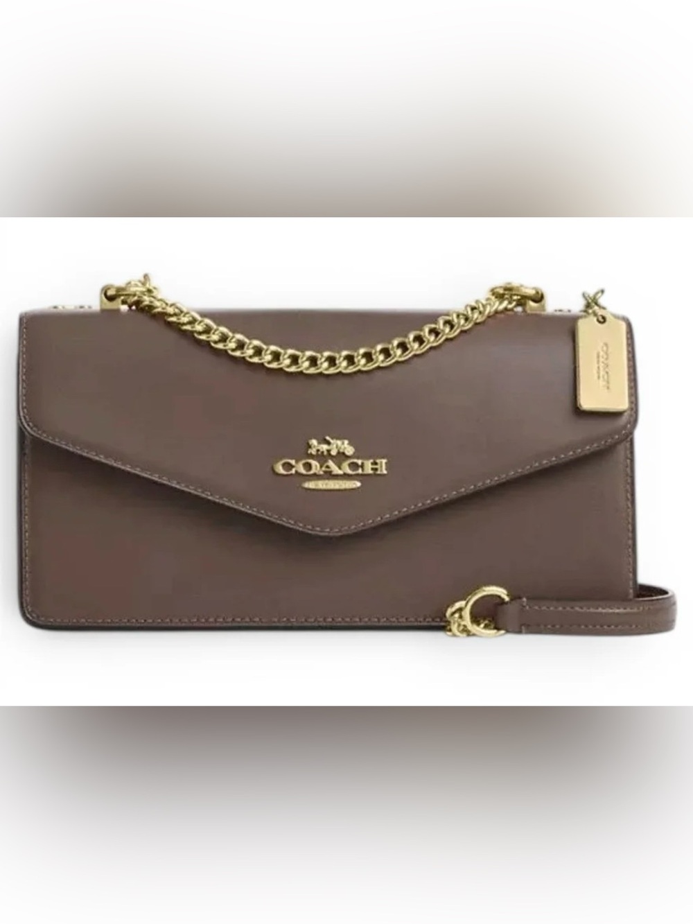 Coach Brown Leather Envelope Crossbody with Gold Chain - New